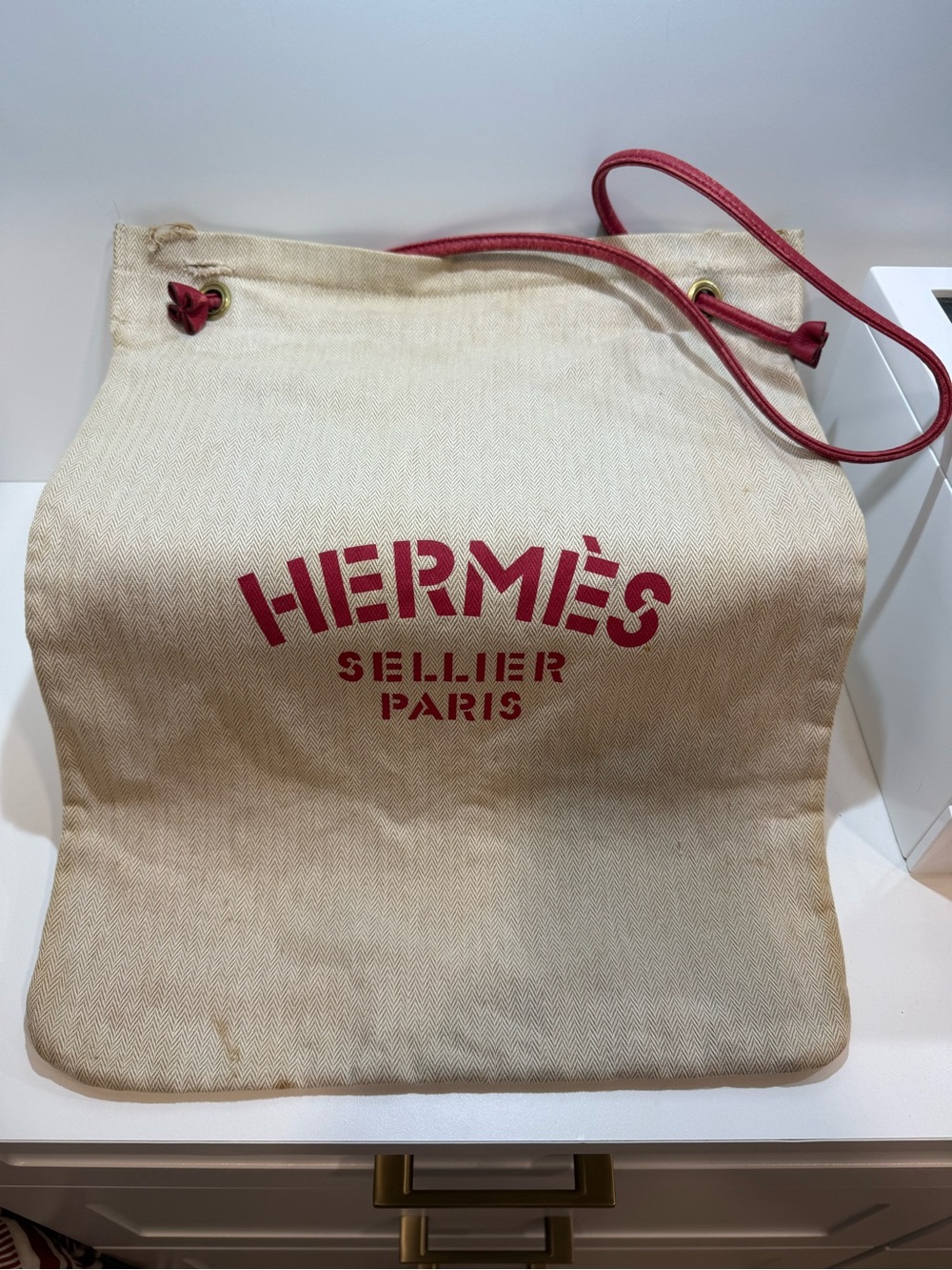 Hermes Aline Beige Canvas Tote with Red Logo and Strap